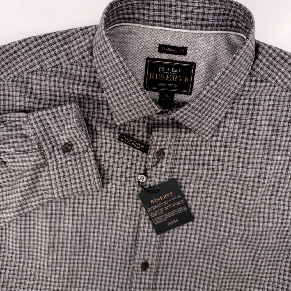 Jos. A. Bank Reserve Shirt Mens XL‎ Brown Grey Cotton Cashmere Silk Micro-Check
